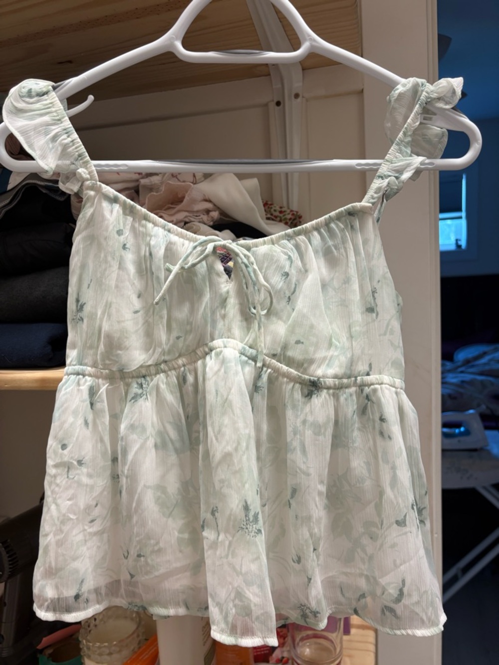 Hollister Light Mint Floral Ruffle Tie-Shoulder Tank Top
